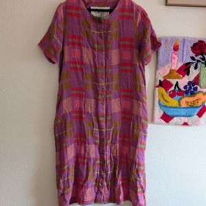Plaid Button-Down Dress - Purple, Pink, Green